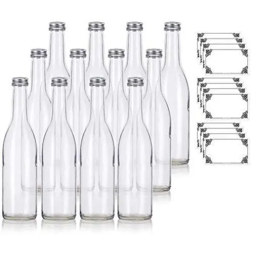 12 oz Klar Glas Vintage Flasche mit Silber Aluminium Verschluss (12er Pack) + Etiketten für Soßen, Dressings, Sirup und Marinaden