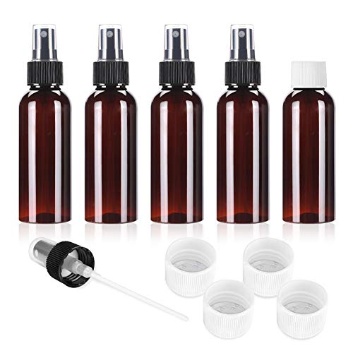 Fine Mist Spray Bottle 5Pcs 100ml/3.4oz Amber Travel Bottles With 5 Contain Caps Leak Proof for Makeup Cosmetic Containers (BROWN)