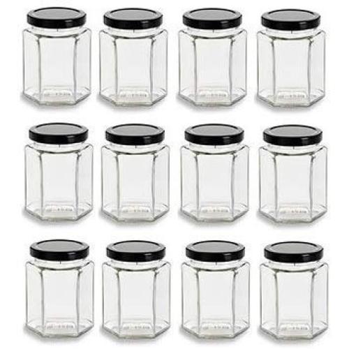 Nakpunar 12 pcs 9 oz Hexagon Glass Jars with Black Lids - 270 ml