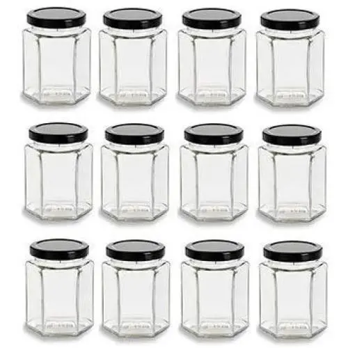 Nakpunar 12 pcs 9 oz Hexagon Glass Jars with Black Lids - 270 ml Nakpunar 12 pcs 9 oz Hexagon Glass Jars with Black Lids - 270 ml