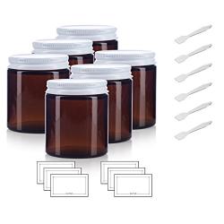 Amber Thick Glass Straight Sided Jar with White Metal Airtight Lid - 4 oz / 120 ml (6 pack) + Spatulas and Labels