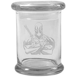 Clear 8 oz Glass Herb Stash Jar and Lid with Deadpool Logo from Smoke Promos