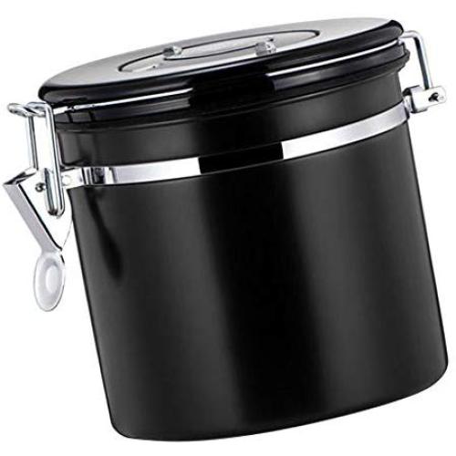 joyMerit Stainless Steel Airtight Canister with Vent Valve＆ Date Tracker Wheel and Locking Clamp for Kitchen, Coffee Ground Vault Jar, Black, 800ml/ 27-ounce