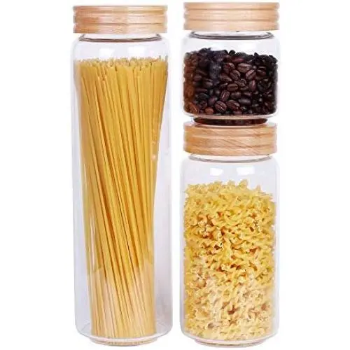 Glass Canisters with Airtight Lids, Set of 3 Glass Food Storage Containers, Clear Glass Jars Air Tight Cereal Container for Spaghetti Noodle, Pasta,Candy, Cookie, Rice, Sugar, Flour