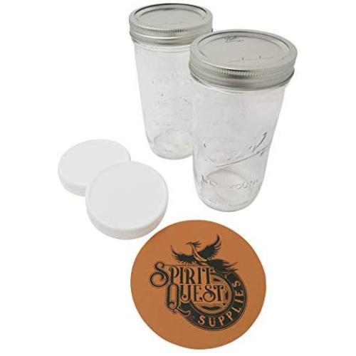 Ball Mason Jars with Storage Lids and Jar Opener - Bundle Pack of 2 24 oz Wide Mouth Jars, 2 Storage Caps, and 1 Spirit Quest Supplies Large Jar Opener