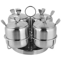 idalinya Stainless Steel Jars Spice Storage Containers Condiment Pot Canisters Sets Kitchen Counter Tins Labels Rotate for Salt Spices Four Seasoning Bottles with Spoon