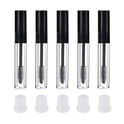 5PCS 10ML Empty Refill Plastic Clear Mascara Eyelash Tube Cosmetic Makeup Vial Storage Holder Container Travel Sample Packing Jar with Inner Plug and Brush for Mascara Eyelash Growth Oil(Black Cap)