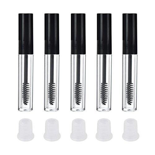 5PCS 10ML Empty Refill Plastic Clear Mascara Eyelash Tube Cosmetic Makeup Vial Storage Holder Container Travel Sample Packing Jar with Inner Plug and Brush for Mascara Eyelash Growth Oil(Black Cap)