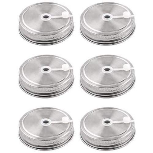 uxcell 6pcs Stainless Steel Wide Mouth Mason Jars Lids with Straw Hole Canning Lids for Drinking & Food Storage