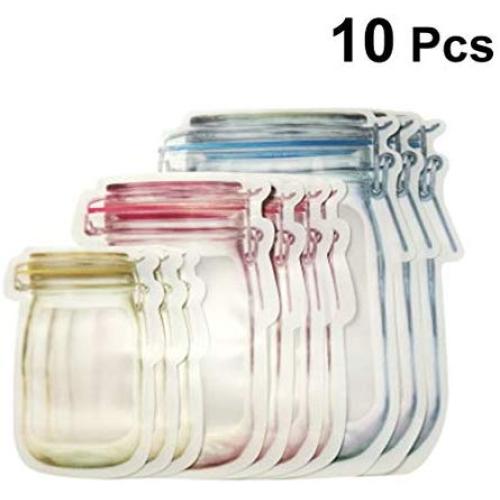 Cabilock 10Pcs Mason Jar Zipper Bags Plastic Reusable Food Storage Bags Leakproof Food Saver Bags for Food Snacks Bread