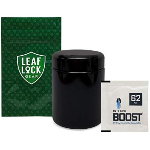 Leaf Lock Gear UV Glass Stash Jar 250ml with Leaf Lock Gear Smell Proof Pouch and Integra Boost Humidity Pack