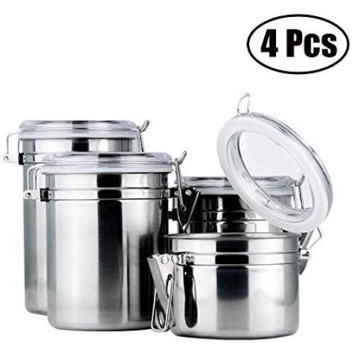 4 Pack Airtight Canister Stainless Steel Coffe Bean Milk Container Rustproof Kitchen Counter Storage Jar with Transparent Cover and Valve