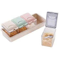 BESTONZON 1 Pc Seasoning Storage Box Wheat Straw with Spoon 4-compartment Storage Container Condiment Jars Spice Box for Spice Salt Sugar