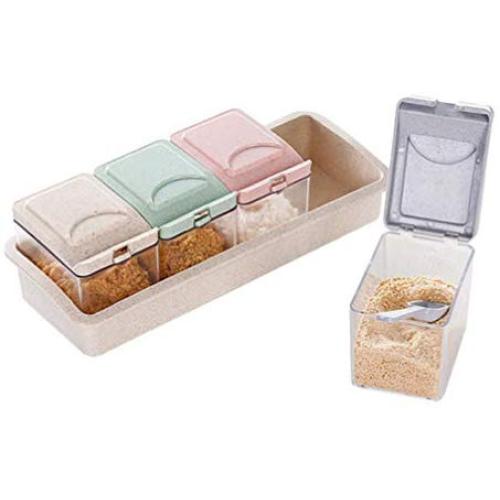 BESTONZON 1 Pc Seasoning Storage Box Wheat Straw with Spoon 4-compartment Storage Container Condiment Jars Spice Box for Spice Salt Sugar