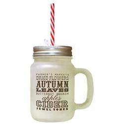 Brown Autumn Leaves Butternut Squash Apples Cinder Frosted Glass Mason Jar With Straw