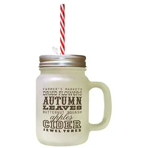 Brown Autumn Leaves Butternut Squash Apples Cinder Frosted Glass Mason Jar With Straw Brown Autumn Leaves Butternut Squash Apples Cinder Frosted Glass Mason Jar With Straw