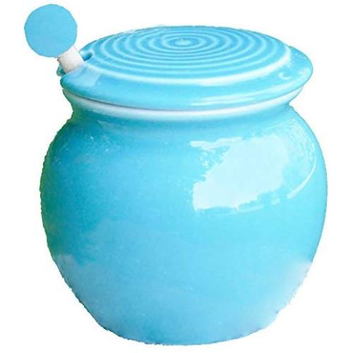 Cottage Creek Honey Dispenser Porcelain Honey Jar With Lid/Wooden Dipper Included With Honey Pot Holds 15 Ounces Of Honey [Blue]