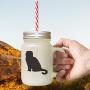 Green Scotish Fold Cat Silhouette Frosted Glass Mason Jar With Straw