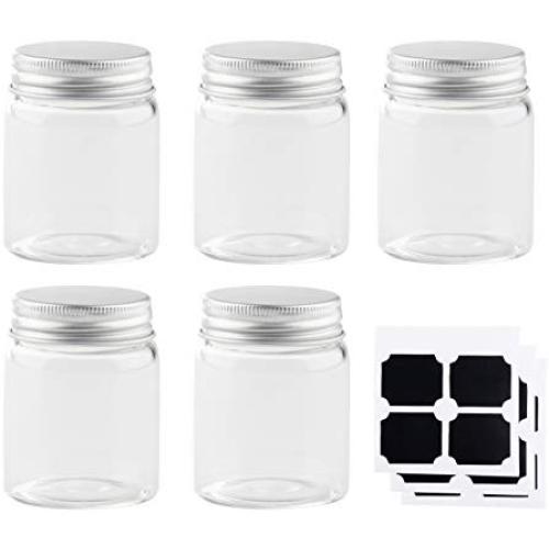 Juvale Mini Glass Storage Jar Lid - 5-Piece Clear Glass Jars 12 Labels, Tiny Transparent Containers Artists Paint, Party Favors, Wedding Decoration, 1.7-Ounce