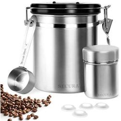 Secura Coffee Canister, Airtight Stainless Steel Storage Containers for Coffee Tea Food with Scoop, Powder Shaker, 4 Extra Valves and 16 Stencils