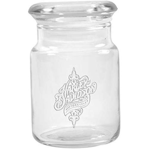 Clear Glass Herb Stash Jar with Lid 4.5 oz with Harley Davidson Logo from Smoke Promos