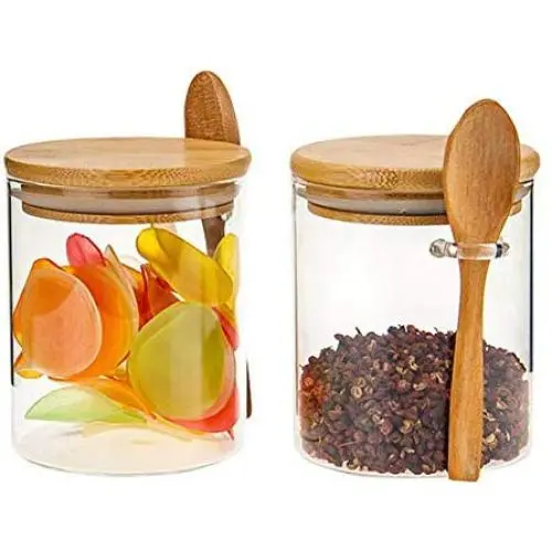 Povinmos Zuckerbehälter mit Bambushübe und Löffel, Klarer, versiegelter Behälter für loser Tee, Salz, Zucker, Kaffeebohnen und mehr.