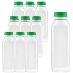 16 Oz Clear Plastic Juice/Dressing PET Square Container w/Green Tamper Evident Caps by Pexale(TM)- (Pack of 10) (green caps, 10)