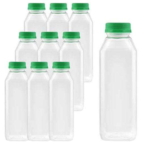 16 Oz Clear Plastic Juice/Dressing PET Square Container w/Green Tamper Evident Caps by Pexale(TM)- (Pack of 10) (green caps, 10)