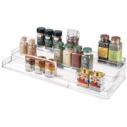mDesign Large Plastic Adjustable, Expandable Kitchen Cabinet, Pantry, Shelf Organizer/Spice Rack with 3 Tiered Levels of Storage for Spice Bottles, Jars, Seasonings, Baking Supplies - Clear