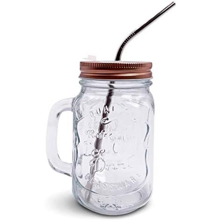 Estilo Glass Mason Jars with Handles, Lids, & Straws, 16 oz, Set of 6