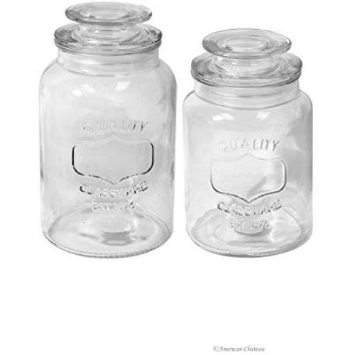 Set 2 Large Vintage&quot1876" Glass Kitchen Canisters Storage Jars with Glass Lids