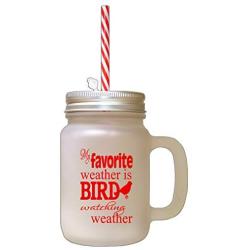 Red My Favorite Weather Bird Watching Weather Frosted Glass Mason Jar With Straw