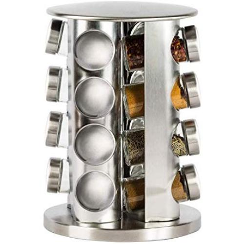 Double2C Revolving Countertop Spice Rack Stainless Steel Seasoning Storage Organization,Spice Carousel Tower for Kitchen Set of 16 Jars