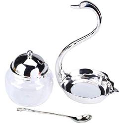 Thyggzjbs Dinnerware Set,Elegant Exquisite Swan Glass Sugar Bowl Set Sugar Dispenser with Lid Serving Spoon Salt Pot Pepper Storage Jar Seasoning Pot (Silver)