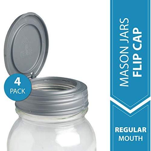 reCAP Mason Jars Lid FLIP Cap, Regular Mouth, Silver ? 4 Pack ? BPA-Free, American Made Ball Mason Jar Lids for Preparing, Serving and Storage, Spill Proof and Made with Safe, No-Break Materials