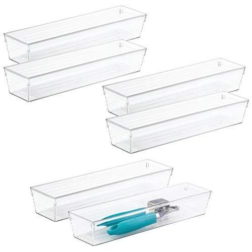 mDesign Plastic Kitchen Cabinet Drawer Organizer Tray - Storage Bin for Cutlery, Serving Spoons, Cooking Utensils, Gadgets - BPA Free, Food Safe, 12" Long, 6 Pack - Clear