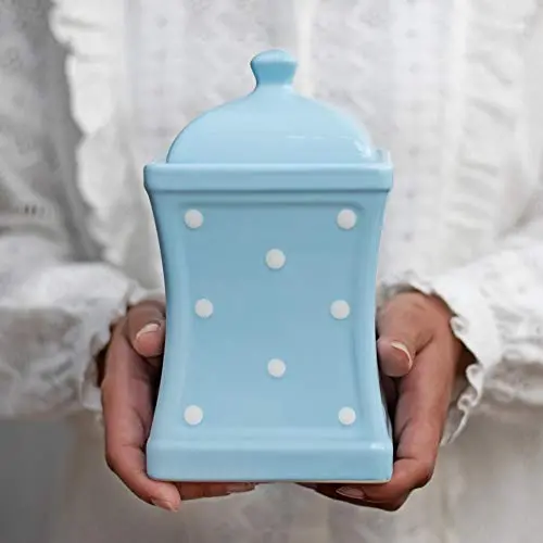 Stadt zur Hütte Handgemachte Lichtblaue und Weiße Punktegroße Keramik 31,5oz/900ml Küchen Lagerbehälter mit Deckel | Tonbehälter, Keksdose, Geschenküb für Wohntreff |