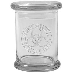 Clear 8 oz Glass Herb Stash Jar and Lid with Zombie Outbreak Logo from Smoke Promos