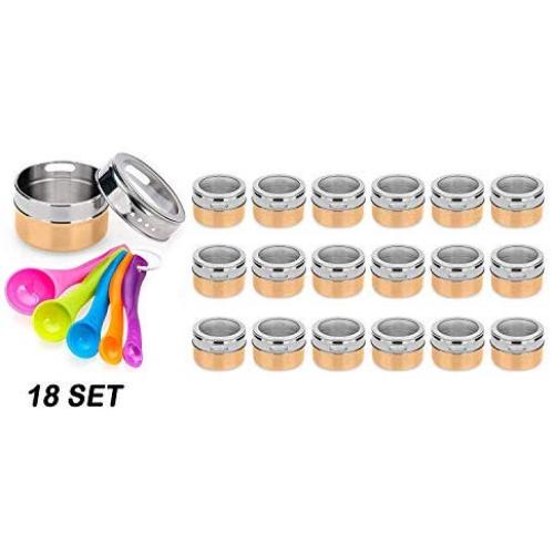 Stainless Steel Magnetic Spice Jars - Bonus Measuring Spoon Set - Airtight Kitchen Storage Containers - Stack on Fridge to Save Counter & Cupboard Space (Set of 18 PCS - Gold)