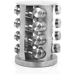 PENGKE Spice Rack,Stainless Steel Spice Tower,Round Seasoning Storage Organizer with 16 Glass Jar Bottles,Kitchen Countertop Organizer,Pack of 1