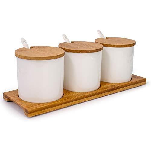 June Sky Ceramic Food Storage Containers with Bamboo Lid- Modern Design Porcelain Jar- Perfect Canister for Sugar Bowl Serving Tea, Coffee, Spice- Condiment Pot 8 oz, white