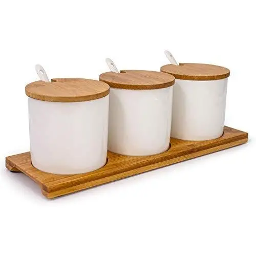 Keramik Lebensmittelbehälter von June Sky mit Bambusdeckel – Moderner Porzellanbehälter – Perfekt für Zucker, Tee, Kaffee, Gewürze, Essig, Condiments – 8 oz, weiß