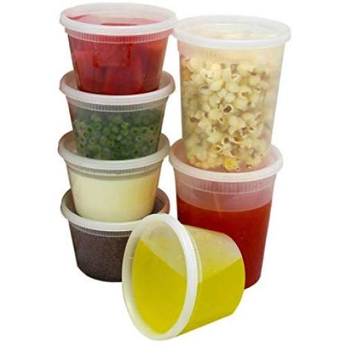 Food Storage Containers with Lids, Round Plastic Deli Cups, US Made, 16 and 32 oz, Cup Pint Quart Size, Leak Proof, Airtight, Microwave & Dishwasher Safe, Stackable, Reusable, White [40 Pack]