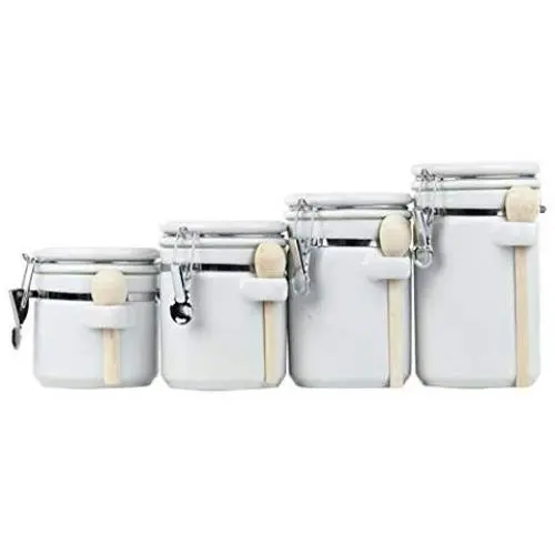 Ensemble de 4 boîtes à biscuits en céramique avec cuillère, Blanc - Home Basics CS44154 Ensemble de 4 boîtes à biscuits en céramique avec cuillère, Blanc - Home Basics CS44154