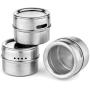 15 Magnetic Spice Tins with Strong Clear Top Lid. Stainless Steel Round Storage Spice Jar, Shake or Pour lid, Magnetic Canisters, Magnetic on Refrigerator and Grill. Set of 15 Tins.