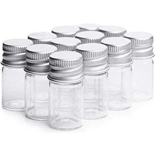 12pcs (10ml/0.34oz) Empty Clear Glass Wish Bottles with Silver Aluminum Lid Refillable Reagent Bottle DIY Ink Bottle Portable Travel Makeup Storage Container for Face Pack Emulsion Bath Salt Candy