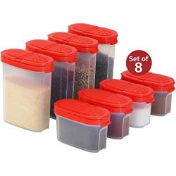 Clear Plastic Empty Spice Container Spice Jars with Lid ? Kitchen Bottle Dispenser Store Spice,Herb,Rub,Sugar,Salt,Pepper 2 Way Lids Sift/Pour Shaker?Refillable Airtight Jar Red Cap 8 pk.4 mini 4 big