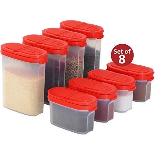 Clear Plastic Empty Spice Container Spice Jars with Lid ? Kitchen Bottle Dispenser Store Spice,Herb,Rub,Sugar,Salt,Pepper 2 Way Lids Sift/Pour Shaker?Refillable Airtight Jar Red Cap 8 pk.4 mini 4 big