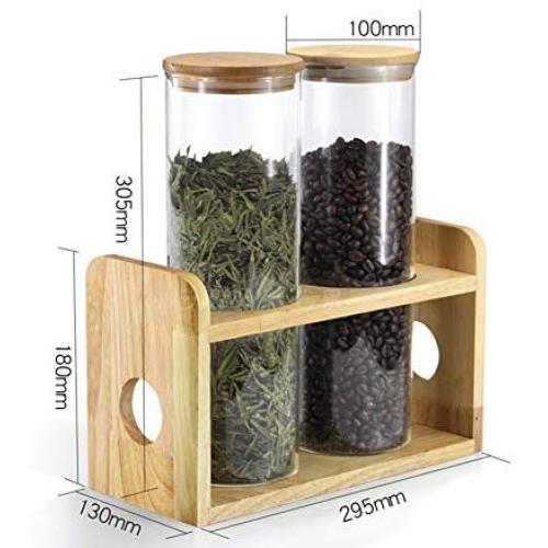 Food Canisters, Coffee Storage Container, Glass Jars with Airtight Bamboo Lid and Oak Rack, 2 Small Medium Large Display Rack,M