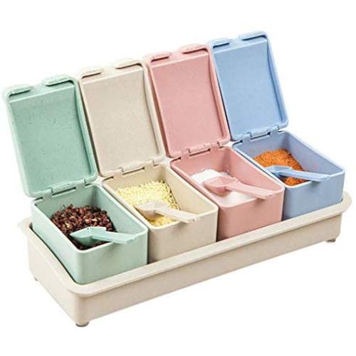 JUSTDOLIFE Spice Jar Sets Multi-purpose Spice Box environmental Seasoning Box with Spice Rack & Spoons 4PCS